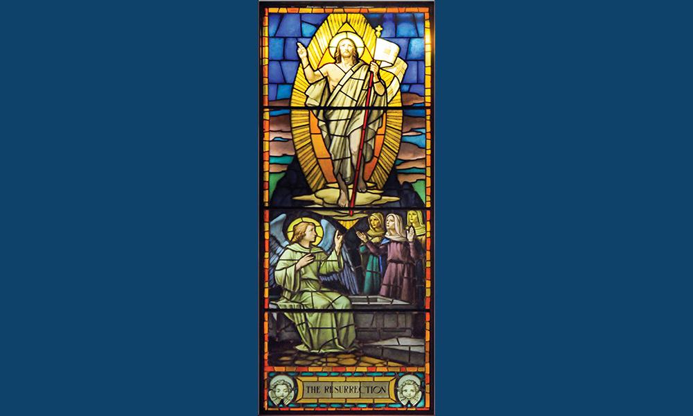 Photo of a stained-glass window featuring the Resurrection of Christ at St. Mary Parish in Caldwell. (Photo courtesy of St. Mary Parish)
