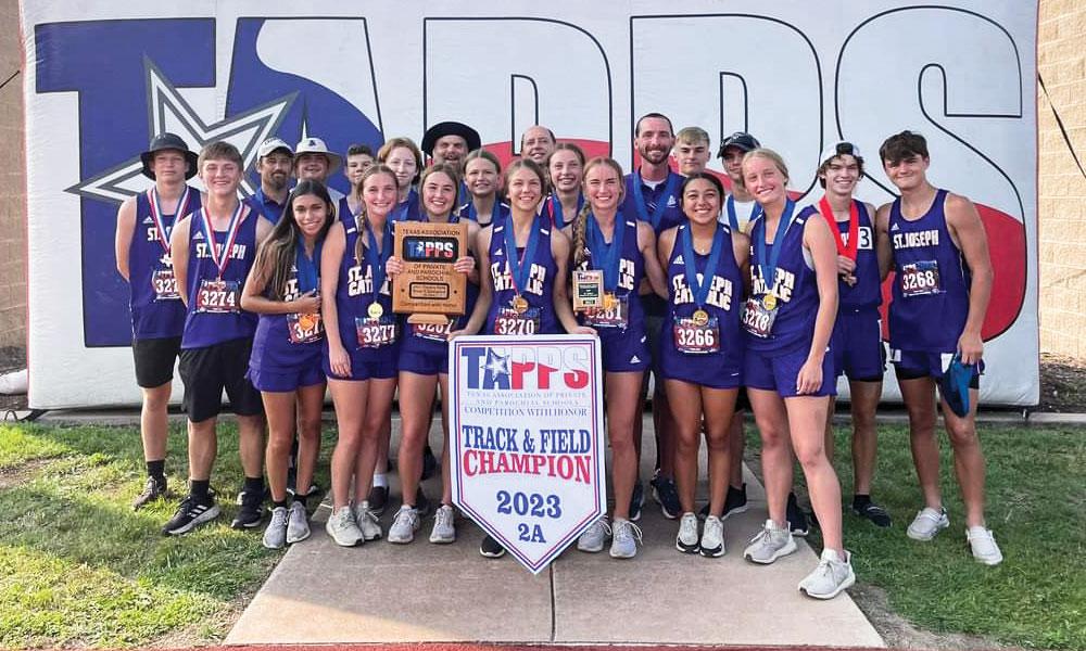 The Lady Eagles track and field team pictured with the boys’ team won the state championship honors in the Texas Associate of Private and Parochial School (TAPPS) 2A competition.