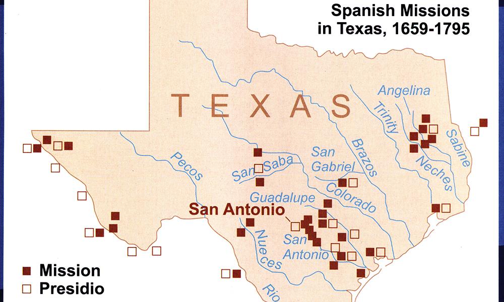 Map from Treasures of the Diocese of Austin showing the locations of the early Spanish missions and presidios in Texas.